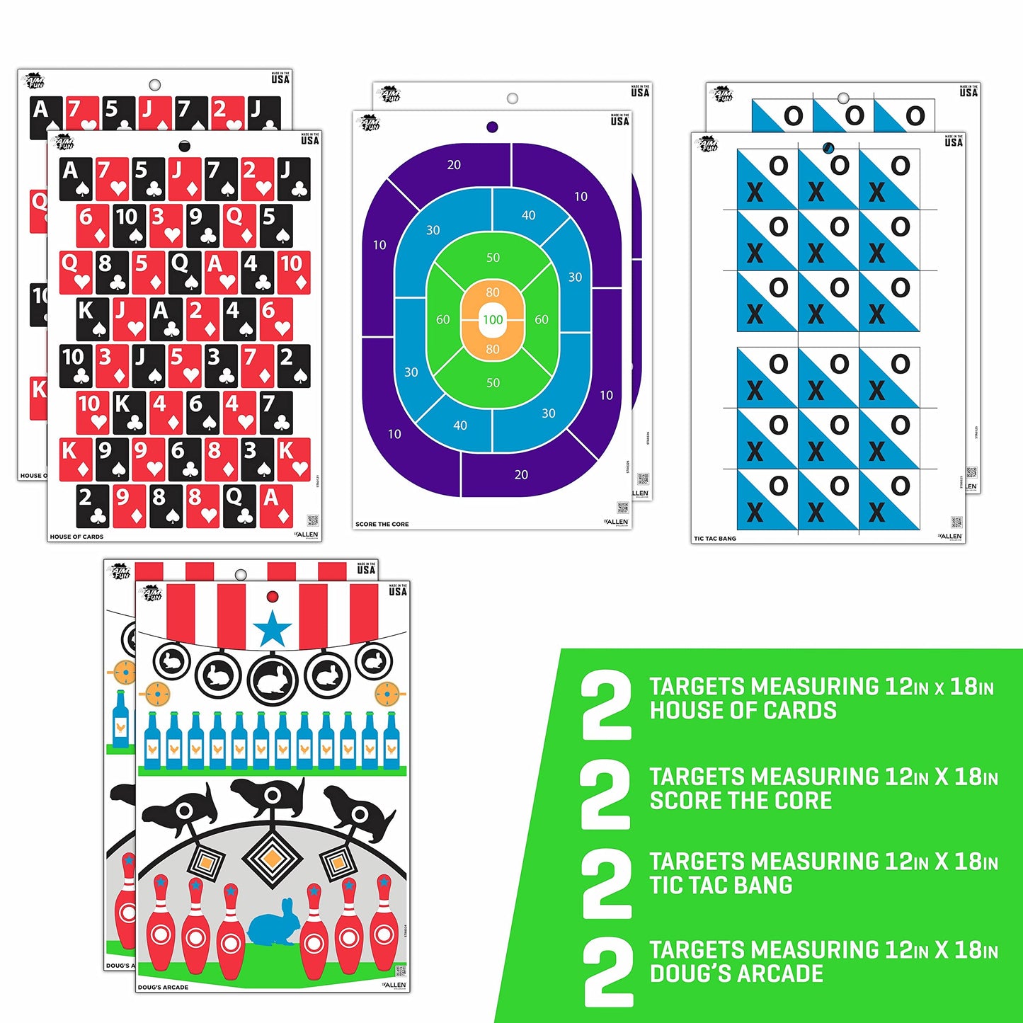 Allen Company EZ Aim Fun Get The Game On Paper Shooting Targets, 12" W x 18" H, 8-Pack, Multi