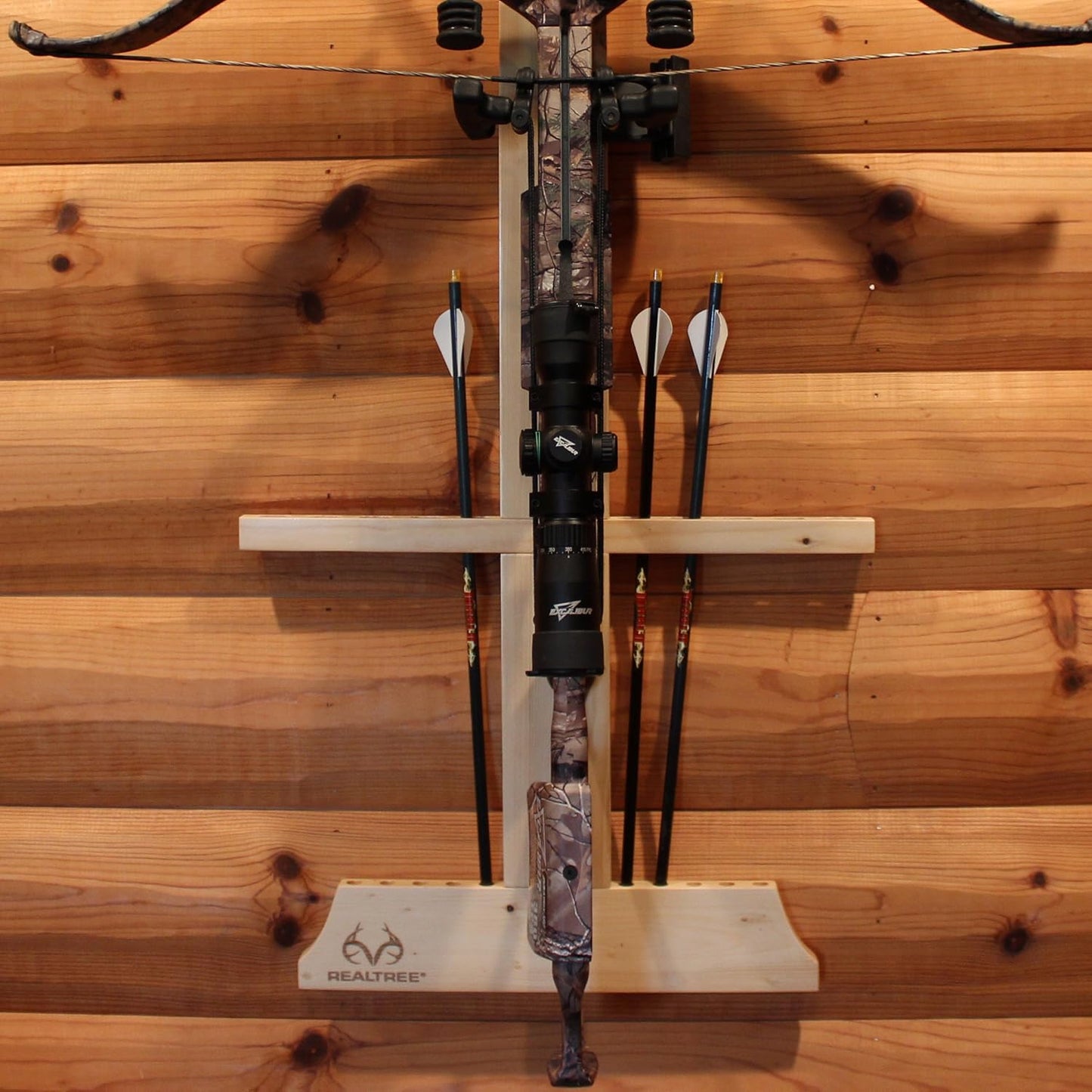 Rush Creek Creations | Wall Mounted Bow and Arrow Display Rack for Hunting and Archery Accessories | Real Tree Crossbow Holder and 10-Arrow Storage | Bow Hanger for 1 Big Crossbow with Arrow Holders