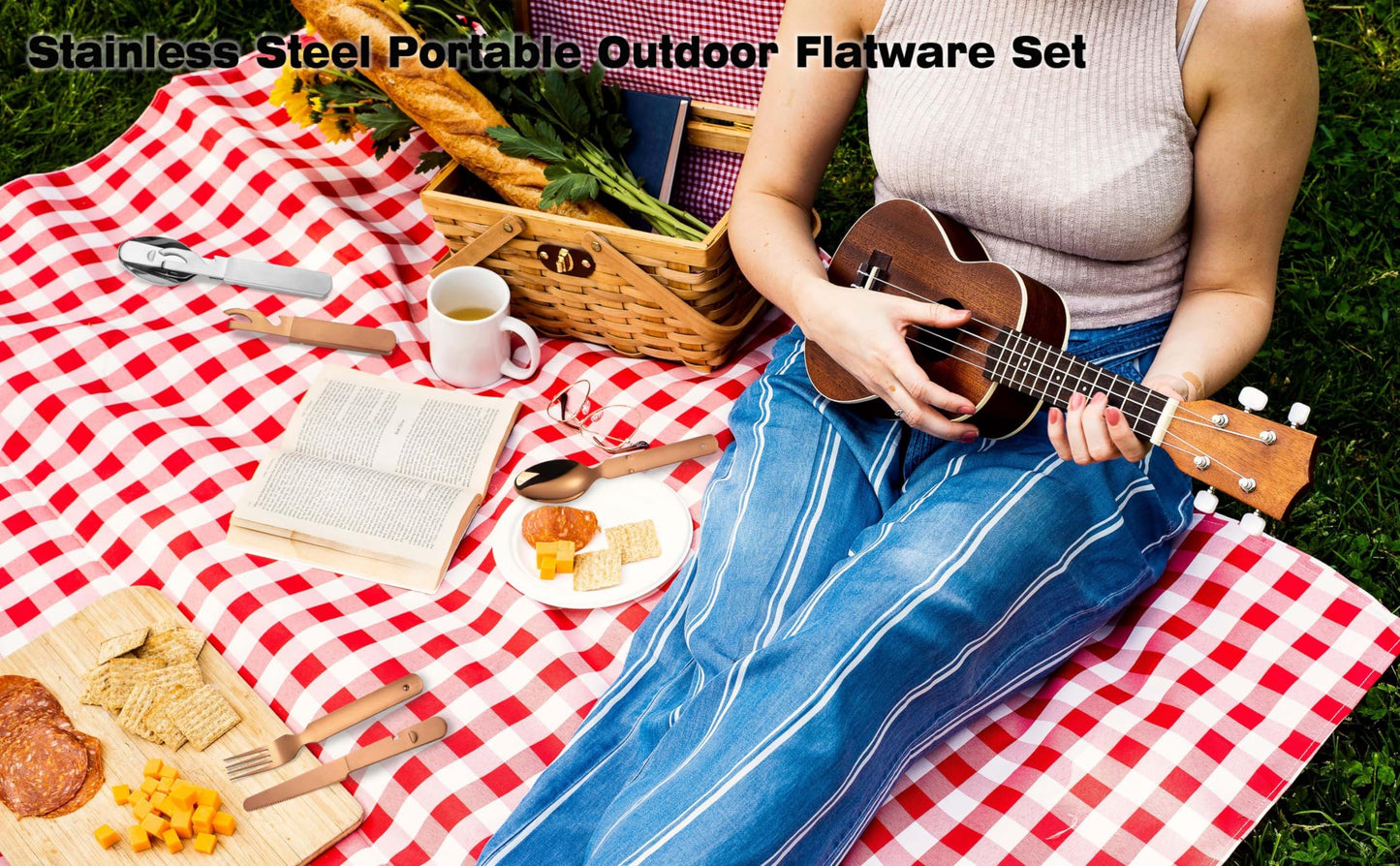 AARAINBOW Stainless Steel Portable Outdoor Flatware Set, 4 in 1 Camping Cutlery Set Travel Utensils Set with Spoon Fork Knife and Bottle Can Opener Detachable Reusable Picnic Silverware (Rose golden)