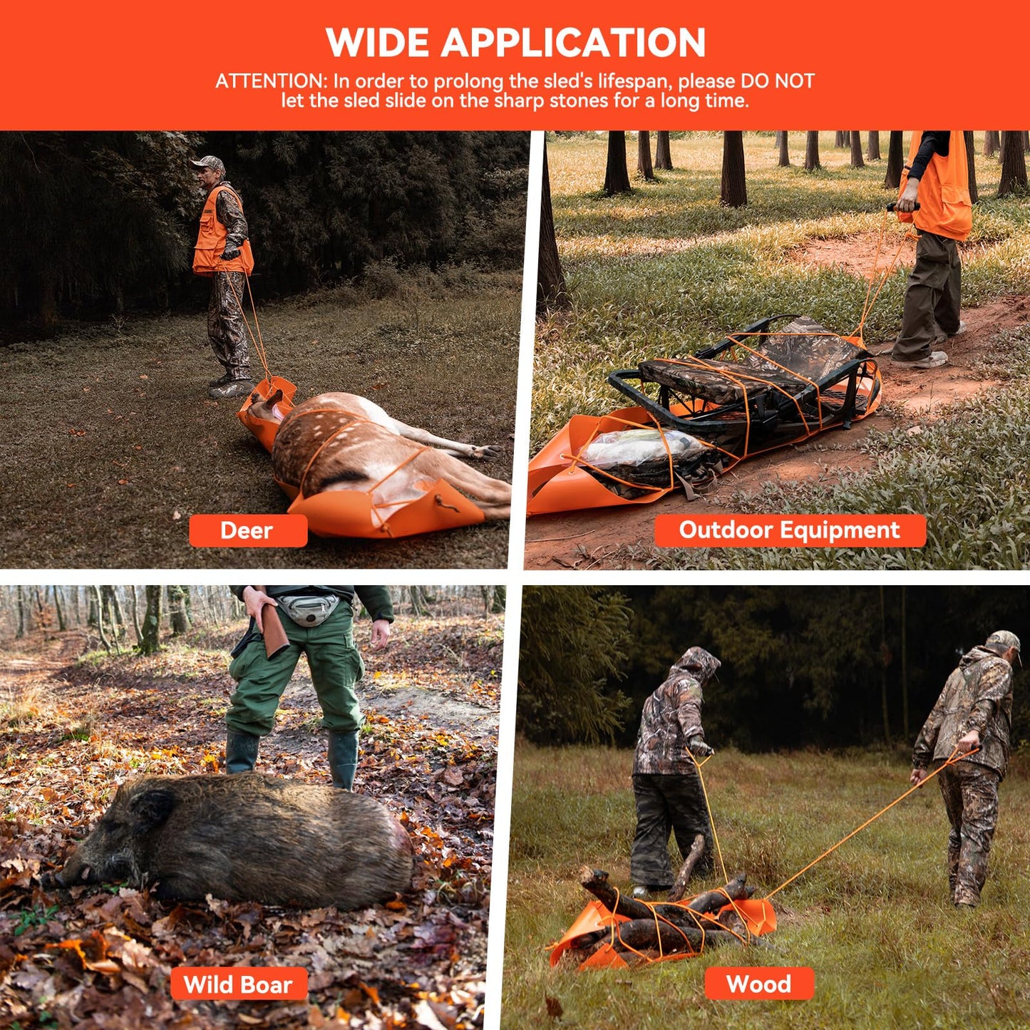 GearOZ Deer Drag Sled Thickened Game Hauler Strap Reduce Ground Friction & Transport Game Easier Heavy Duty Deer Pull Rope for Dragging Deer Cart Deer Hunting Accessories Gift for Hunters, Orange