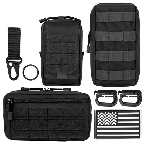 Bombrooster Tactical MOLLE Utility Pouch Kit – EDC Accessories Bag with Phone Holder, Water Bottle Pouch, Medical First Aid Pouch for Outdoor, Hiking, Camping, and Duty Use (8 Pcs Black)