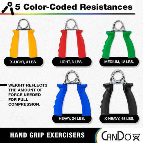 CanDo Hand Grip Exerciser 5 pair set, X-Light - X-Heavy (Yellow, Red, Green, Blue, Black)