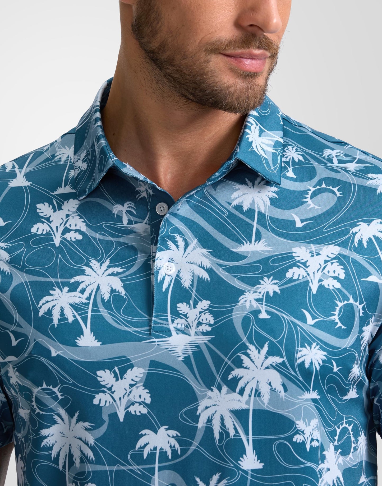 Obla Mens Golf Polo Shirts Short Sleeve Dry Fit Casual Print Collared Golf Shirts Wicking for Men(Blue Coconut Beach_S)