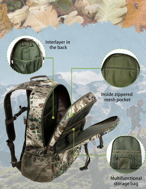 WOLFHUNT Camouflage Hunting Backpack for Men, Medium Camo Hunting Pack Hiking Day Pack for Hiking, Fishing, Shooting, 24 L,Prym1 MP