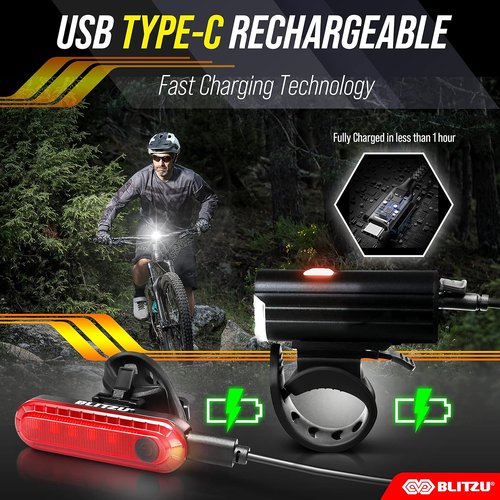 BLITZU Gator 450 Bike Lights Set – USB-C Rechargeable Headlight & Taillight with Reflectors for Night Riding