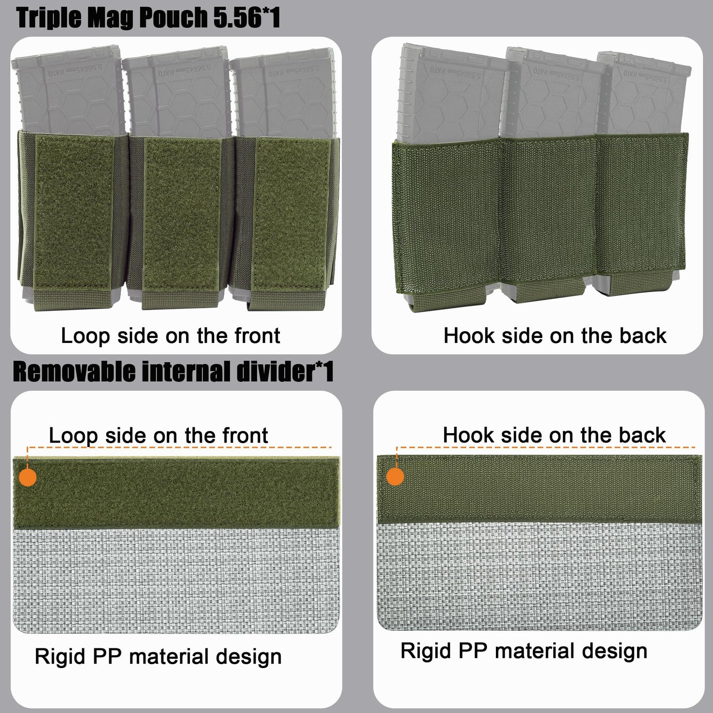 4-in-1 Front Flap Pouch G Hook,SABADO Tactical Elastic Triple Mag Pouch 5.56, Kangaroo Insert Divider Placard for Chest Rig and Vest