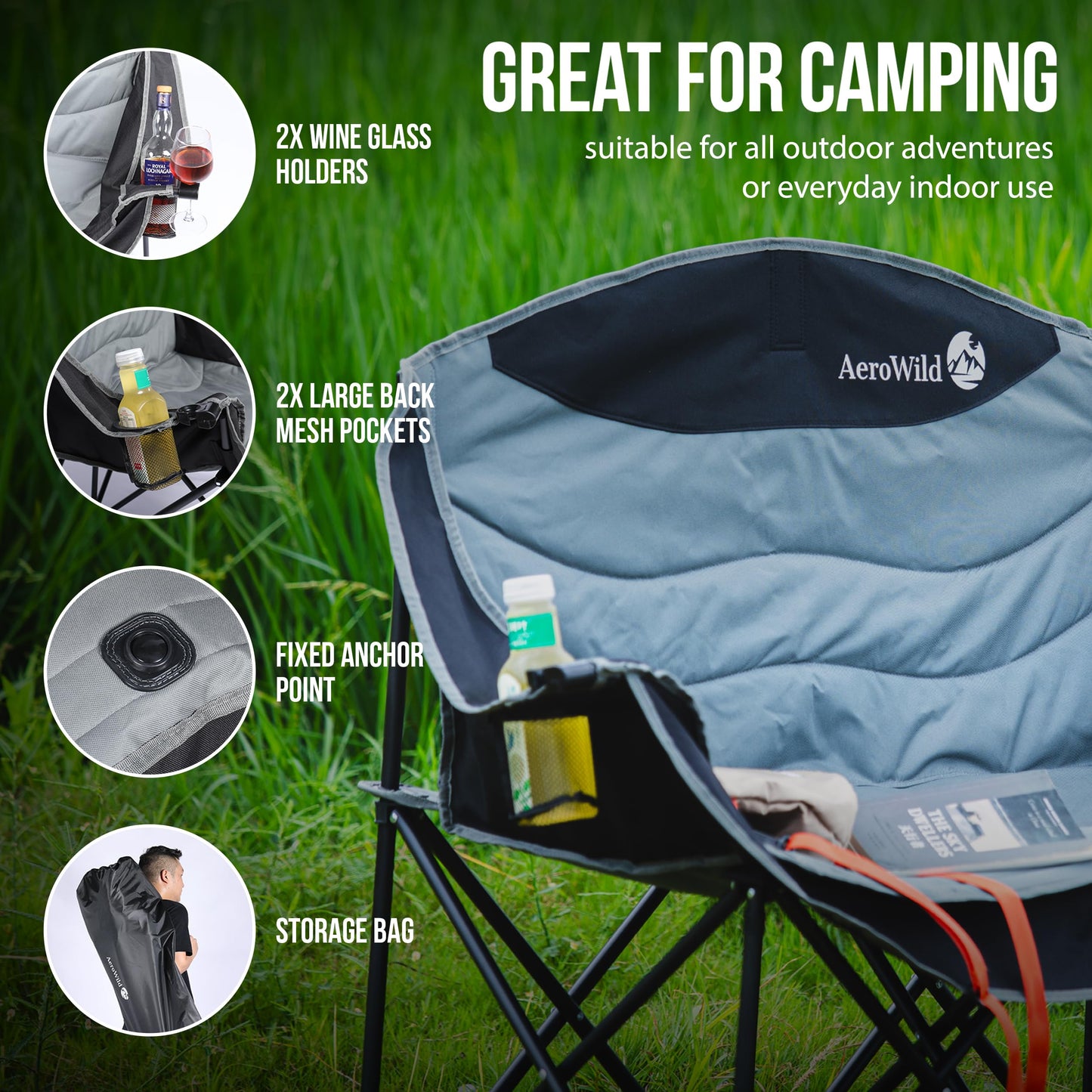 AeroWild Double Folding Chair – Portable Loveseat for 2 Adults with 600 lbs Support – Water & UV Resistant Folding Outdoor Chair for Beach, Picnic, Camping