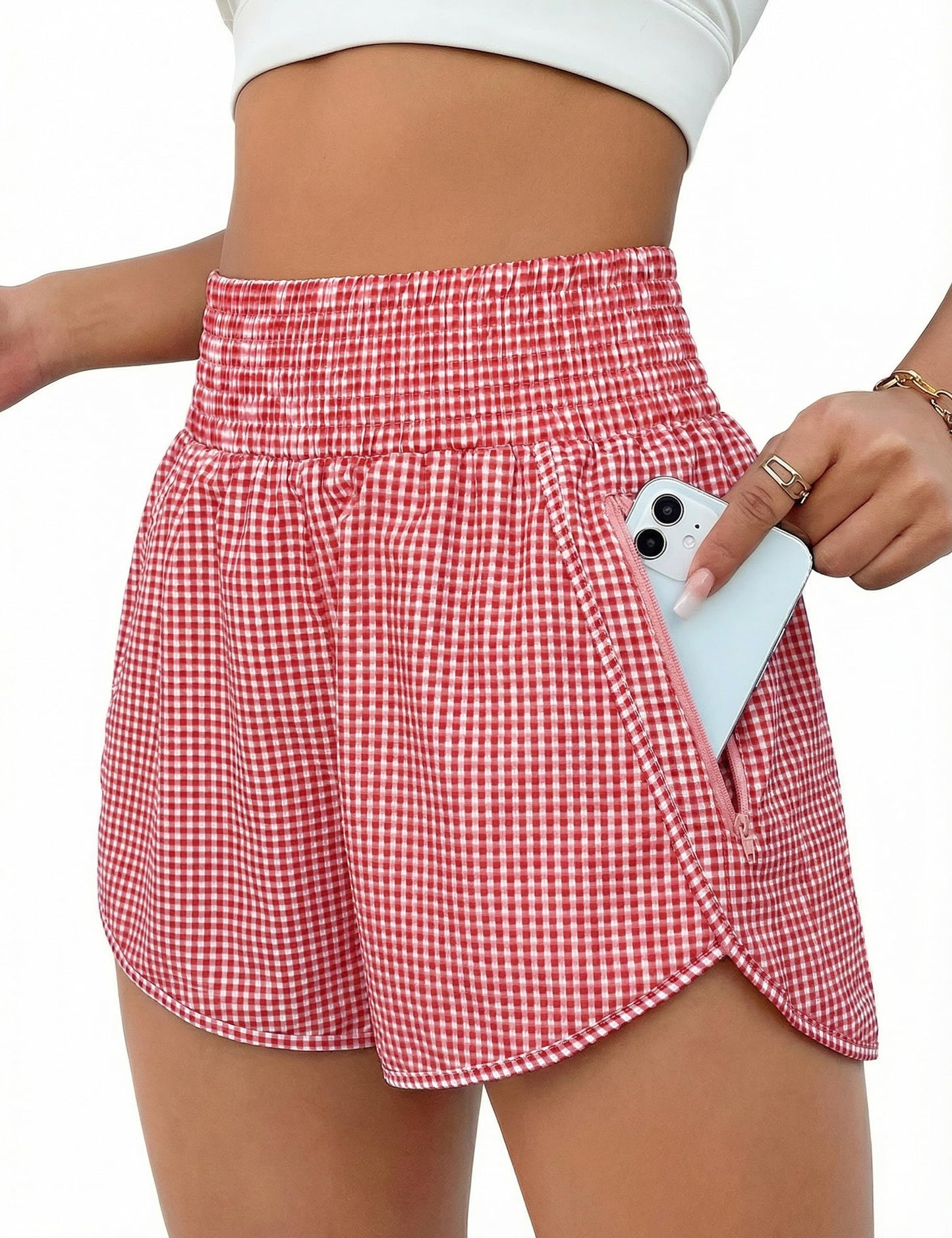 BMJL Women's Athletic Shorts High Waisted Running Short Pocket 2.5" Sporty Shorts Gym Elastic Workout Shorts(L,Red Plaid)