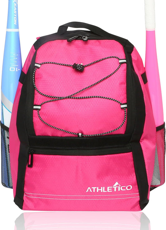 Athletico Youth Baseball Bag - Bat Backpack for Baseball, T-Ball & Softball Equipment & Gear | Holds Bat, Helmet, Glove | Fence Hook (Pink)