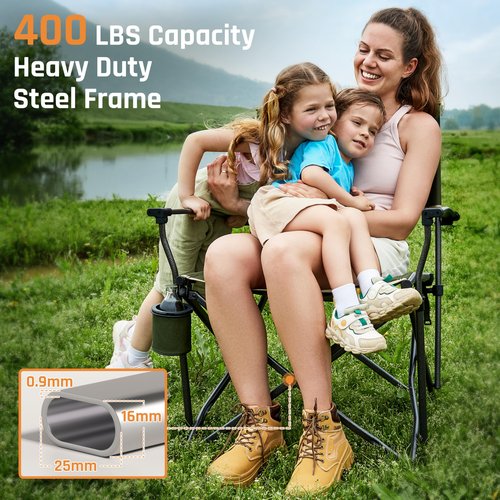 Oversized Folding Camping Chairs for Adults Heavy Duty Camp Chair Support 400 LBS Steel Frame Metal Arm Lawn Chairs with Swivel Cup Holder & Hollow Backrest Extra Large Outdoor Chairs Green