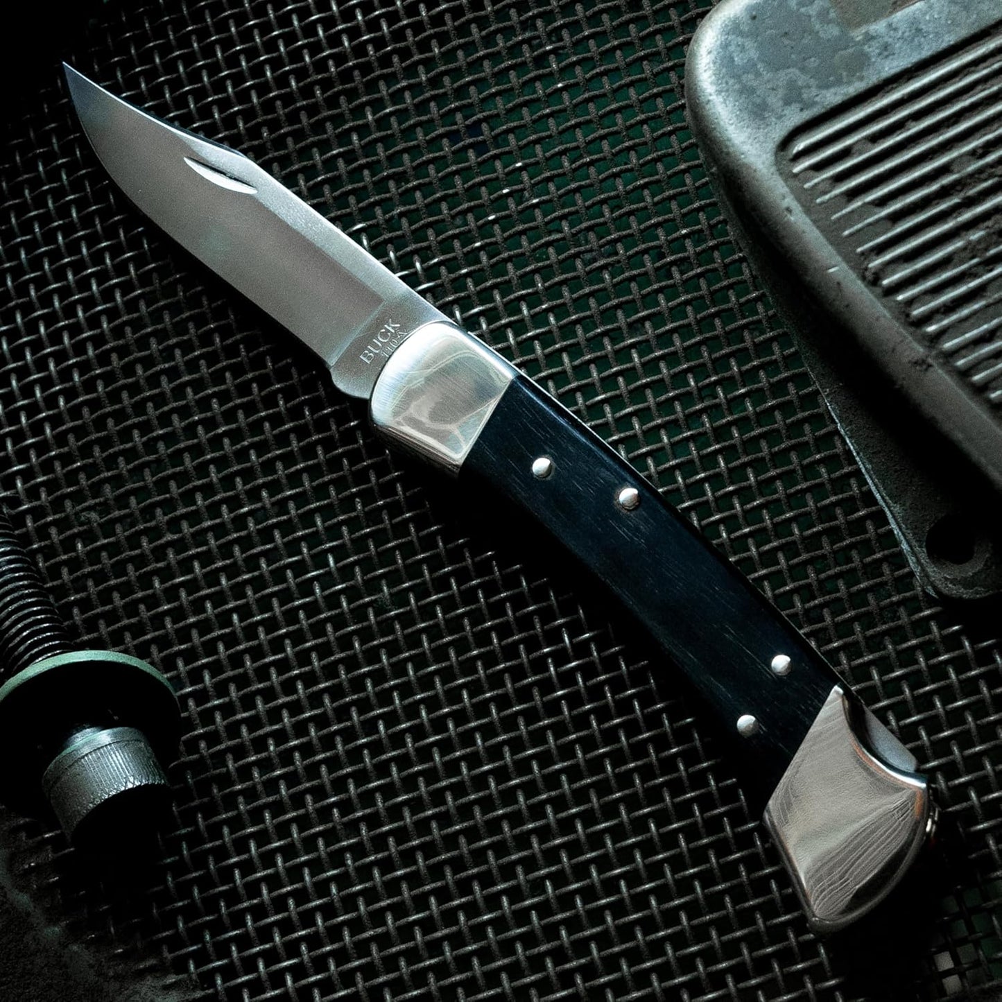 Buck Knives 110 Folding Hunter Lock-back Knife, Brass Bolsters, Ebony Handles, 3-3/4" 420HC Blade with Leather Sheath
