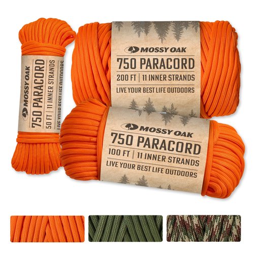 Mossy Oak Paracord 750 – Heavy Duty Nylon Paracord – Survival Rope, Ideal for Camping, Hunting, Fishing, Crafting & DIY Use – Thin Parachute Cord - 4mm Diameter - 200 feet Length - Orange