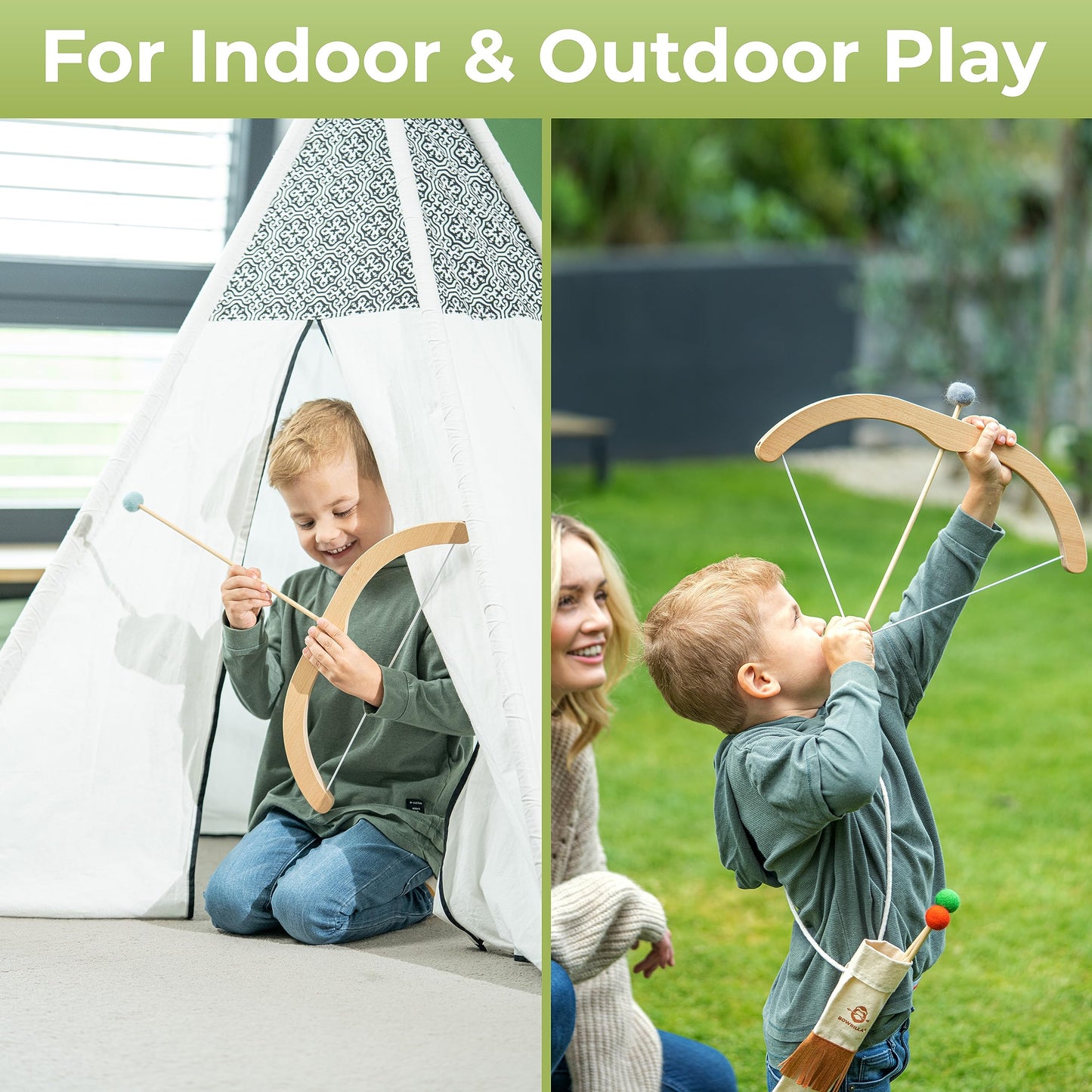 BOWRILLA® Kids Bow and Arrow Set | Wooden Archery Toy for Boys & Girls Aged 3-7, Bow and Arrow for Kids | Includes 5 Arrows, 4 Targets, Cotton Quiver | Indoor & Outdoor Play