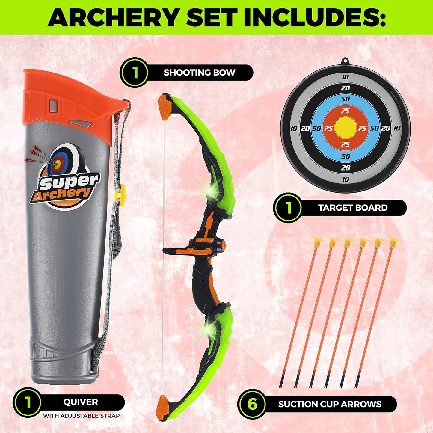 ToyVelt Kids Bow and Arrow Set - Light-Up Archery Set with 6 Suction Arrows, Target and Quiver - Outdoor and Indoor Toy for Boys and Girls Ages 4-12 (Green)