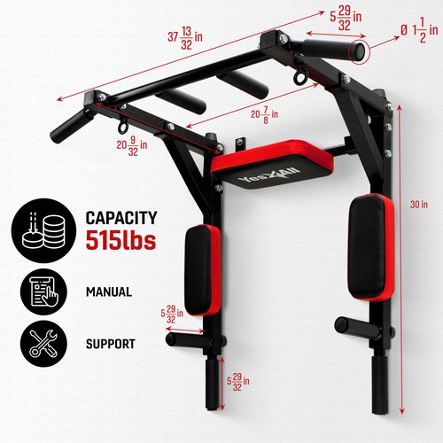 Yes4All Multifunctional Wall Mounted Pull Up Bar Chin Up Bar Dip Station for Home Gym Workout, Power Tower Set Training Equipment Fitness Supports 515 lbs
