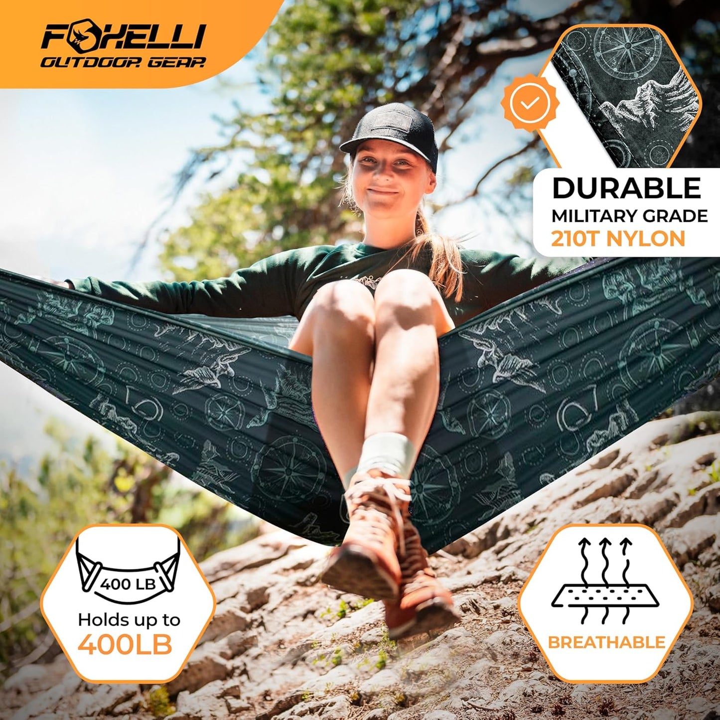 Foxelli Camping Hammock - Lightweight Portable Hammock, Easy Setup with Tree-Friendly Ropes & Steel Carabiners, Heavy Duty Parachute Nylon for Indoors and Outdoors