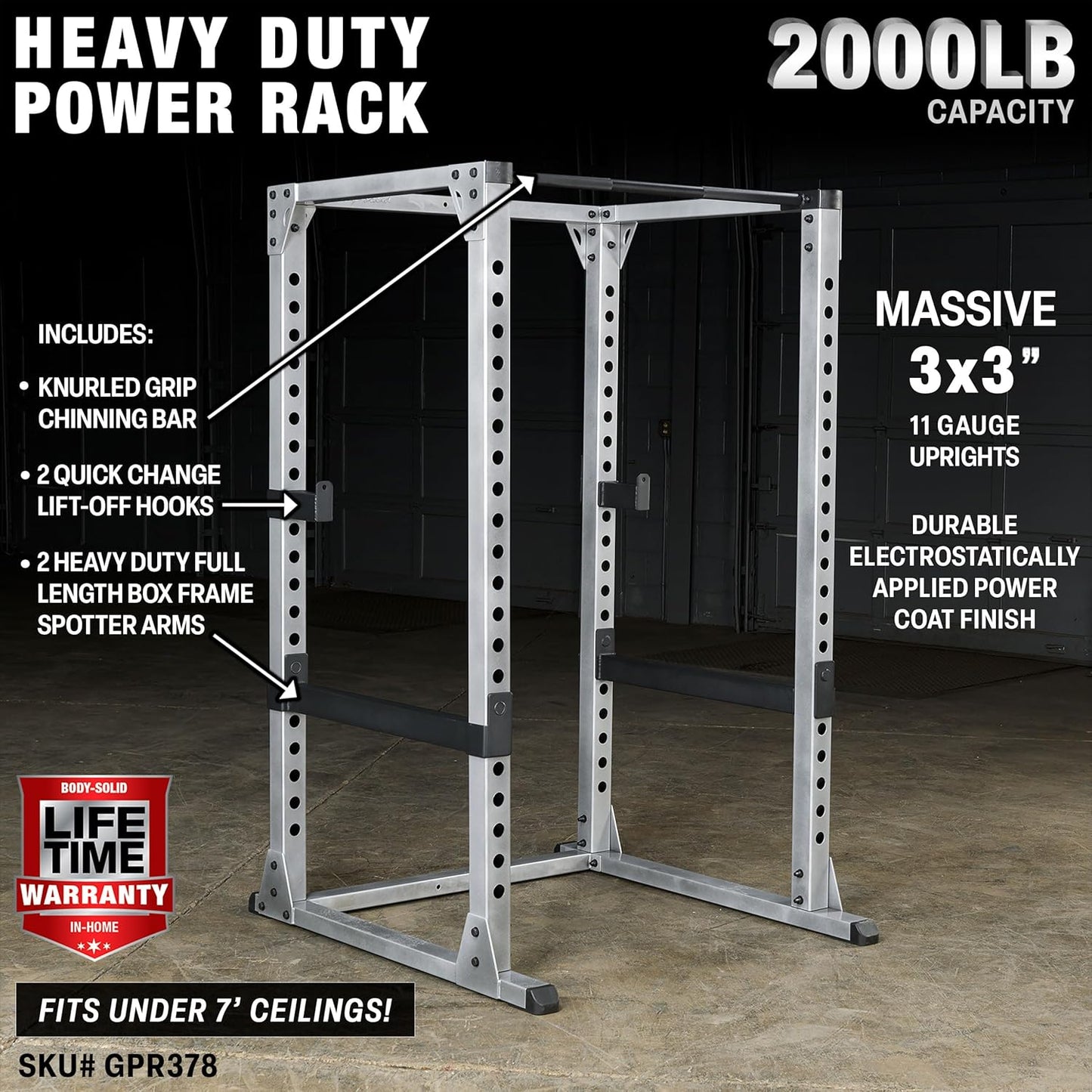 Body-Solid (GPR378 Power Rack - Heavy-Duty Steel Squat Cage with Adjustable Safety Bars and Chin-Up Bar for Home and Light Commercial Gym