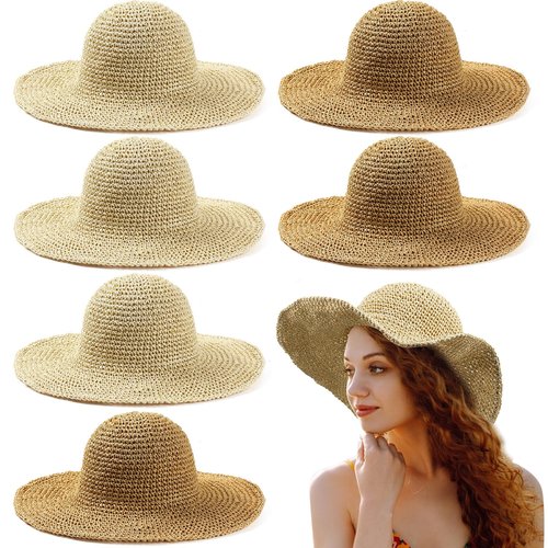 Bonuci 6 Pcs Floppy Paper Straw Sun Hat Foldable Packable Wide Brim Scarecrow Hat Breathable Crochet Bucket Beach Hat(Khaki, Beige,Classic)
