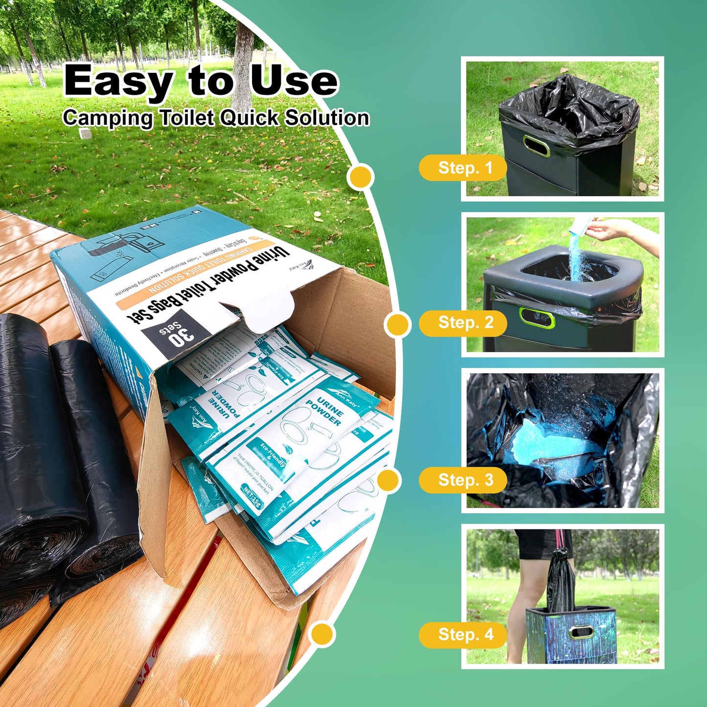 Ann Katy Super Absorbent Polymer 30 Packs,Portable & Fast-Absorbing Camp Toilet Chemicals Gel with 5 Gallon Bucket Toilet Luggable Drawstring Bag, Emergency Toilet Bag&Potty Gel