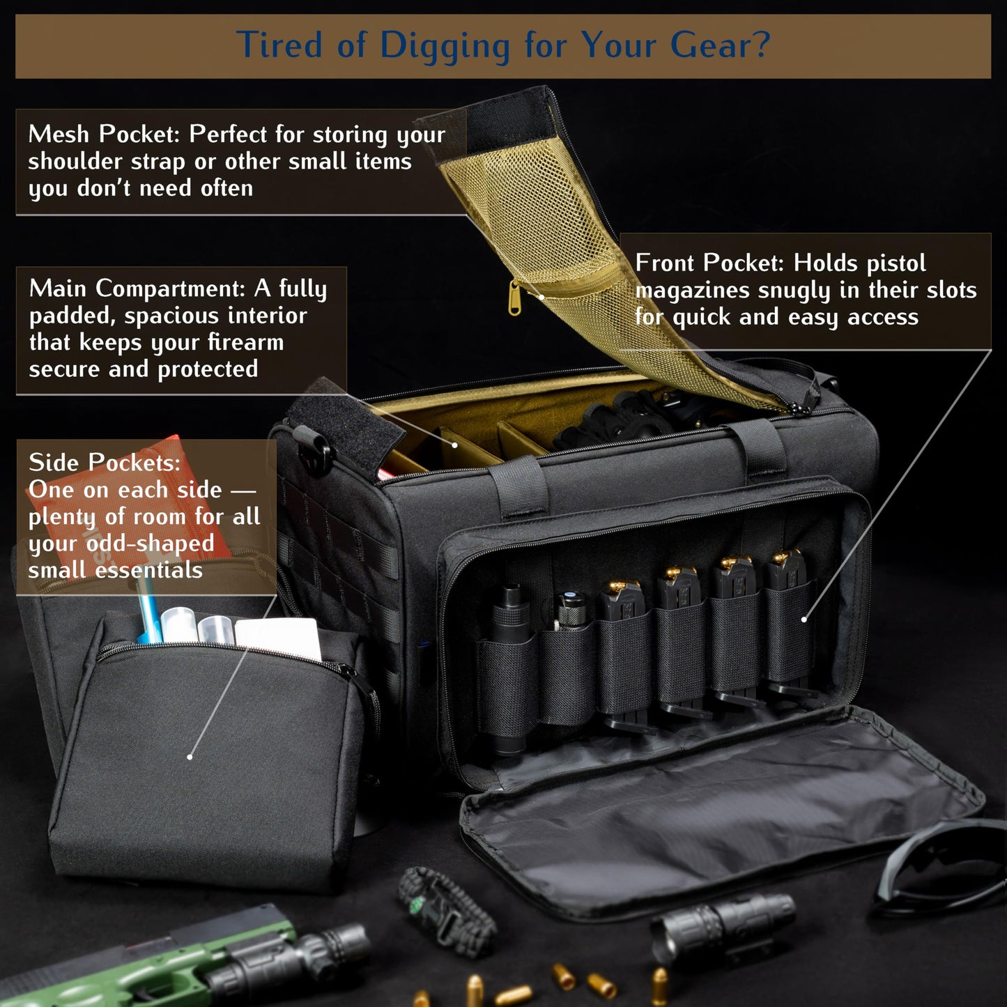 Aprikostein Range Bag for Handgun Ammo Shooting, L/XL Gun Case Carry 5+ Pistols Transport Tactical Gears Accessories with Lockable Zipper Molle Strap, Duffle Sport Bag Hunting Storage Capricorn