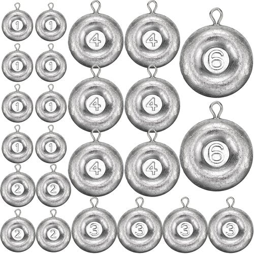 Rotatingpals 24 Pieces Fishing Disc Sinkers Weights Disc Sinker Fishing Sinkers Weights for Saltwater Catfishing Trolling Surf Tackle(1+2+3+4+6oz)