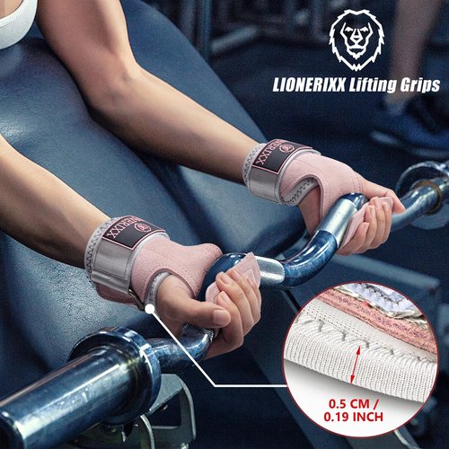 Lionerixx Pink Wrist Straps for Weightlifting Women - Dual Layer Leather Workout Grips for Deadlift and Powerlifting – Non-Slip Hand Wraps for Weight Lifting with Storage Bag