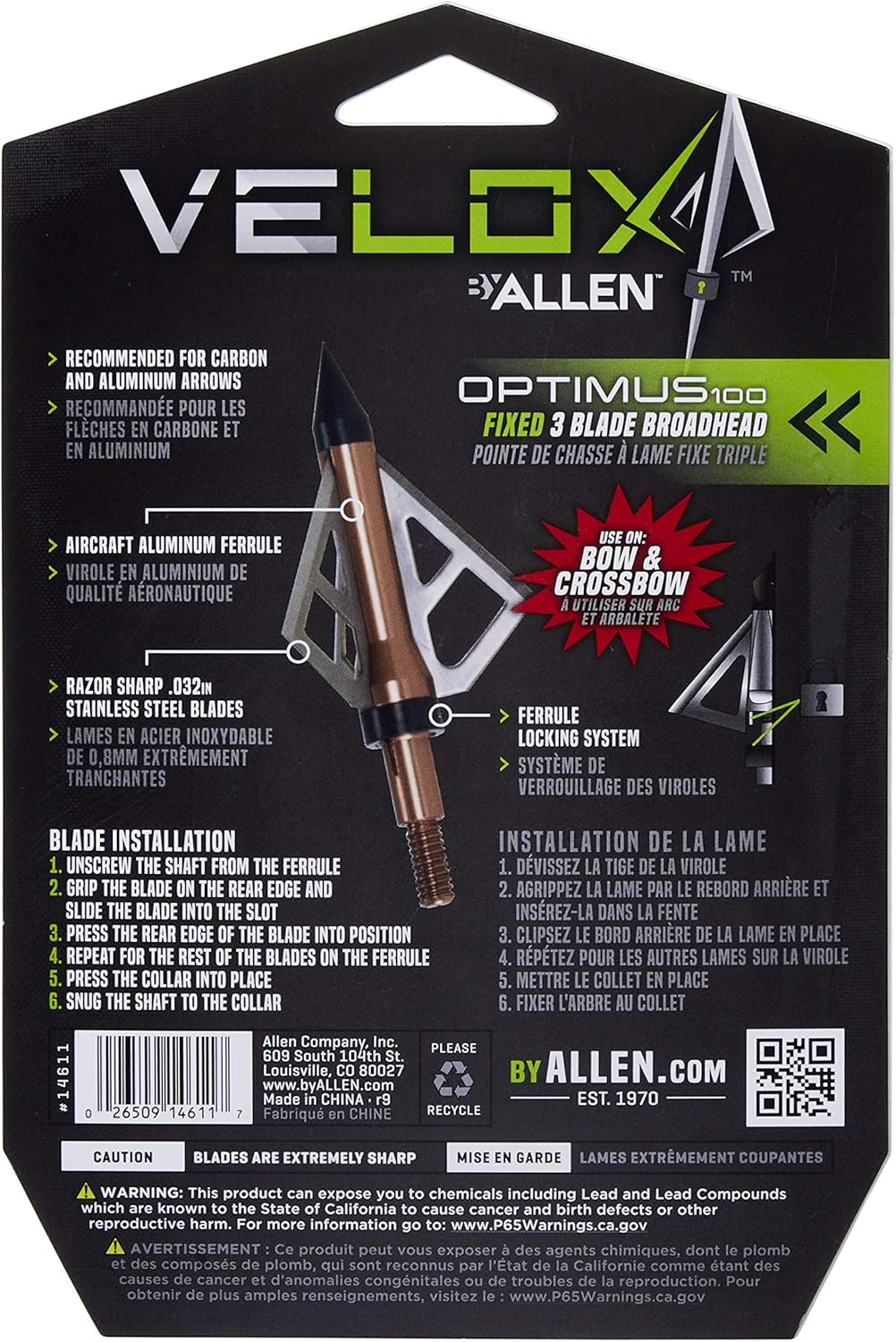Allen Company Velox Optimus 3-Blade Broadheads - Archery Bow and Crossbow Broadheads - Compound Bow Accessories - 125 or 100 Grain - 3 Pack