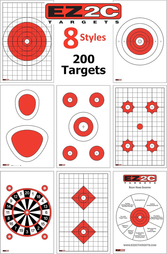 200 EZ2C Paper Shooting Targets - Eight Popular Styles Combo Package to Practice on Gun Range, 11 x 17