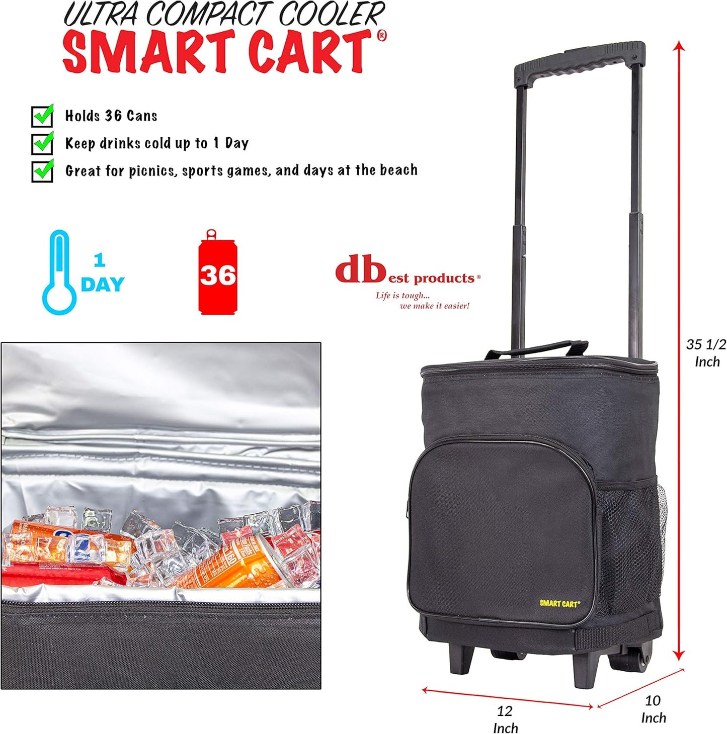 Ultra Compact Cooler Smart Cart with Wheels - Collapsible Insulated Cooler Bag - Foldable Travel Cooler 36 Cans - Leak Proof Trolley - Black