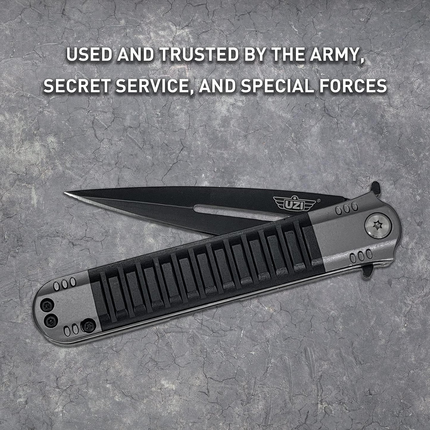 Uzi UZK-FDR-009 Covert Folding Knife with Straight Edge Stainless Steel Blade and Aluminum Handle with Metal Clip and Spring Assist, Survivor Tool, for Outdoor Trips, Camping, Fishing, Hunting, Black