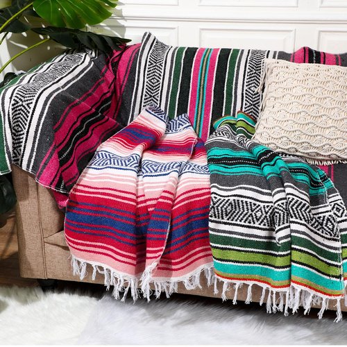 Oudain 3 Pack Mexican Blankets and Throws 45 x 70 Inch, Cotton Outdoor Camping Baja Blanket Woven Serape Restorative Yoga Fiesta Picnic Beach Supplies (Classic Color)