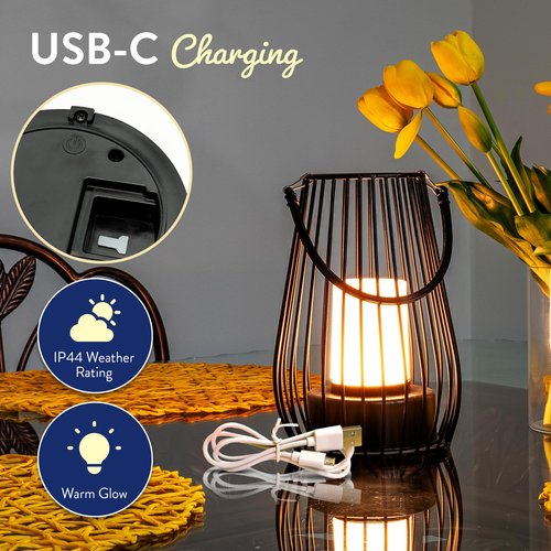 Outdoor & Indoor Metal Cage Lantern USB Rechargeable with Soft Carry Handle (Black)