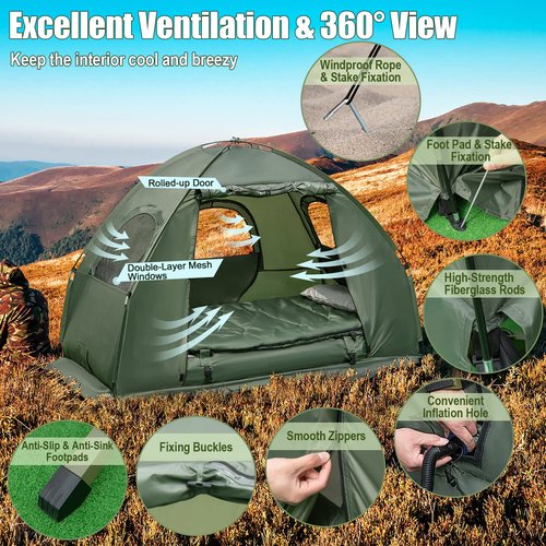BANGTANE Tent Cot for Camping 1-Person, All-in-1 Folding Tent Combo w/Air Mattress, Sleeping Bag, Carry Bag & Foot Pump, Off Ground Travel Cot for Hiking, Backpacking, Fishing & Picnic
