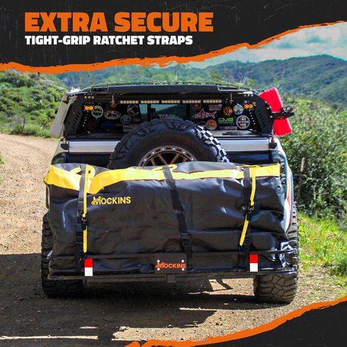 Mockins 20 CuFt Waterproof Cargo Bag for Hitch Carrier | 60"x20"x29" Trailer Hitch Cargo Carrier Bag | Weatherproof Truck Bed Storage w/Straps, Lock & Carry Case | 500D PVC Vehicle Soft-Shell Carriers