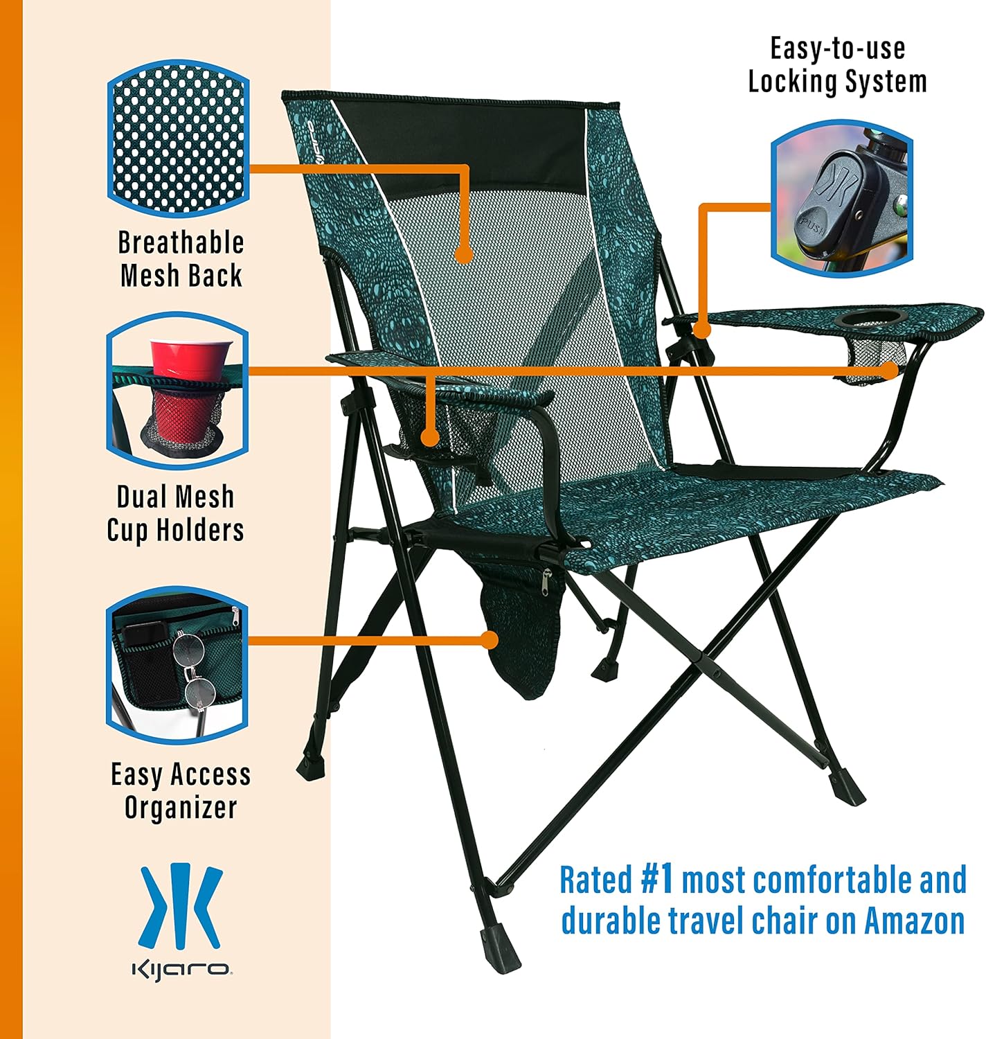Kijaro Enjoy Versatile Folding Sports, Outdoor Chair & Lawn Chair, Dual Lock Feature, Maldives Blue (Hard Arm)