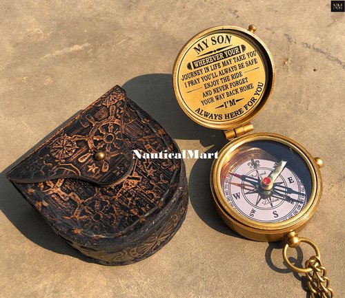 Personalized Brass Compass Engravable My Son Gift for Mom-Dad Graduation, Anniversary, Baptism, Retirement A Perfect and Unique Gift with Leather Case