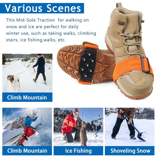 Ice Cleats Mid-Sole Snow Traction Cleats for Shoes and Boots Non-Slip Crampon with 7 Tungsten Studs Adjustable Straps for Secure Grip Snow Cleats for Winter Walking on Snow Ice Jogging Hiking (1Pair)