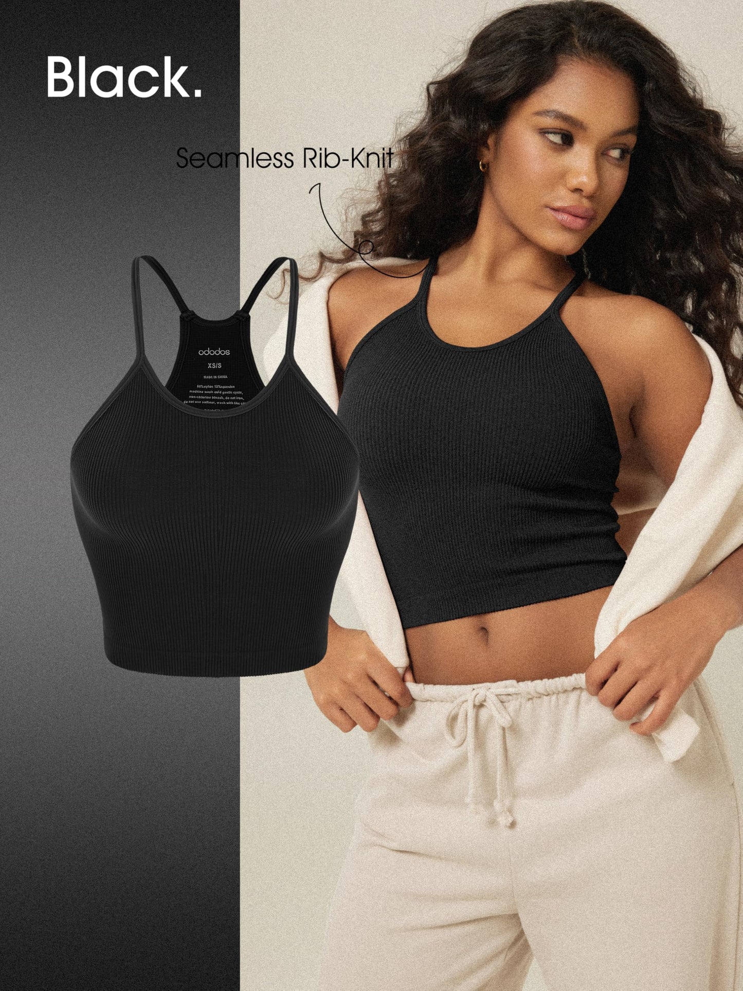 ODODOS Women's Crop Camisole 3-Pack Seamless Rib-Knit Crop Tank Tops, Long Crop, White Gray Black, X-Large/XX-Large