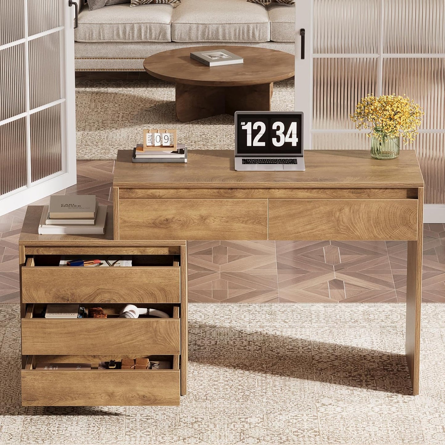 Tribesigns Computer Desk with 5 Drawers, Executive Home Office Desk with File Cabinet and Printer Stand, Industrial Rustic Wood Desk for Small Spaces, Study Writing Workstation, PC Table with Storage