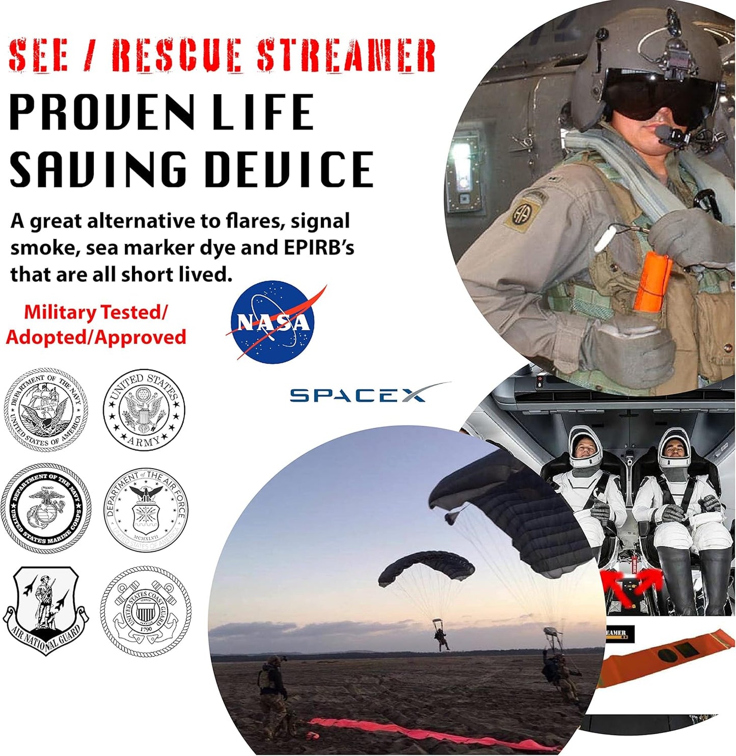 Portable Survival Tool - Lighted Streamer for Land, Sea & Snow Rescue, Day or Night