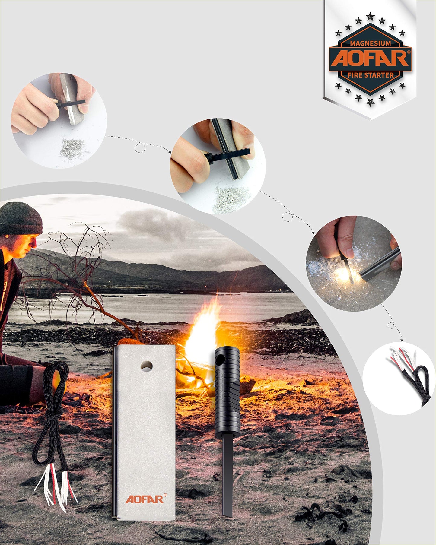 AOFAR Magnesium Fire Starter AF-374 (2-Pack) and Ferro Rod AF-376,Waterproof for Camping, Hiking