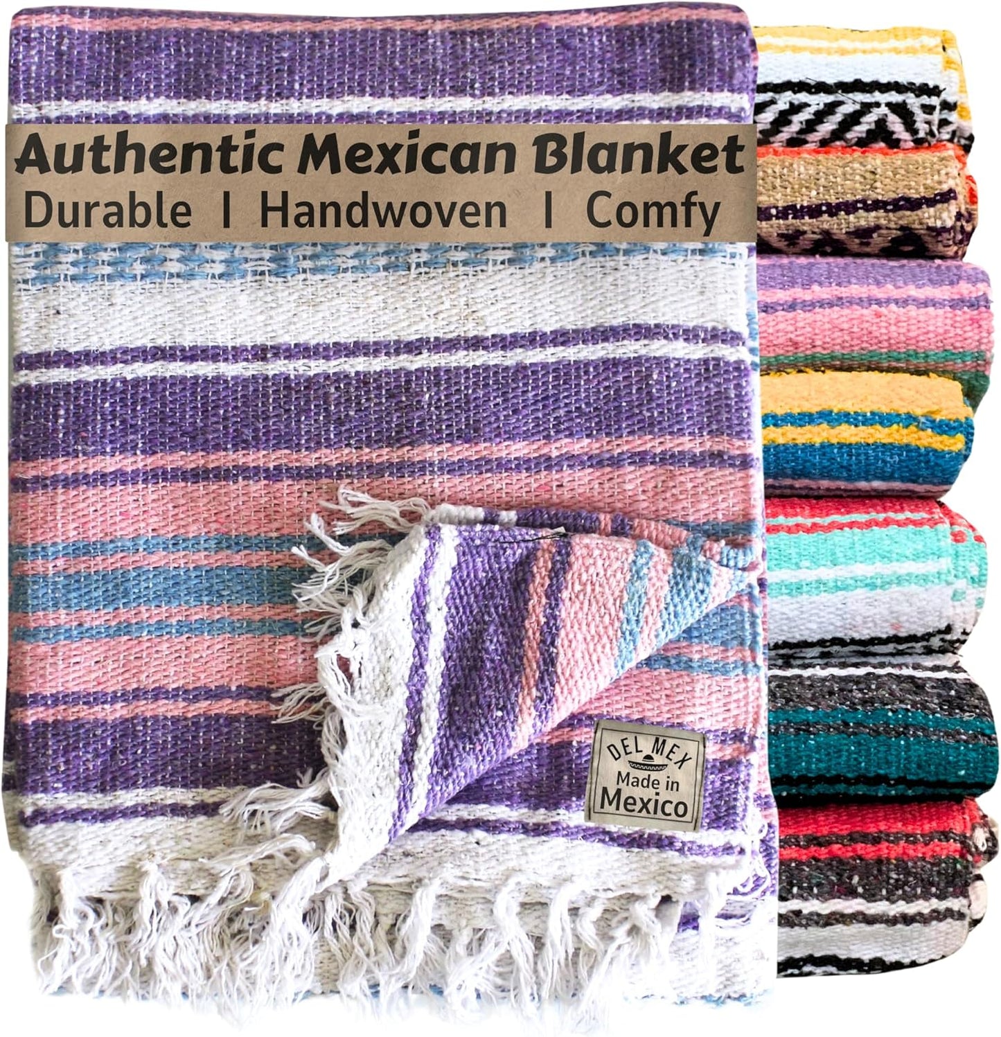 Authentic Del Mex Large Mexican Blanket - Woven Falsa Throw (70"x50") for Beach, Yoga & Outdoor Decor - Pink/Tan
