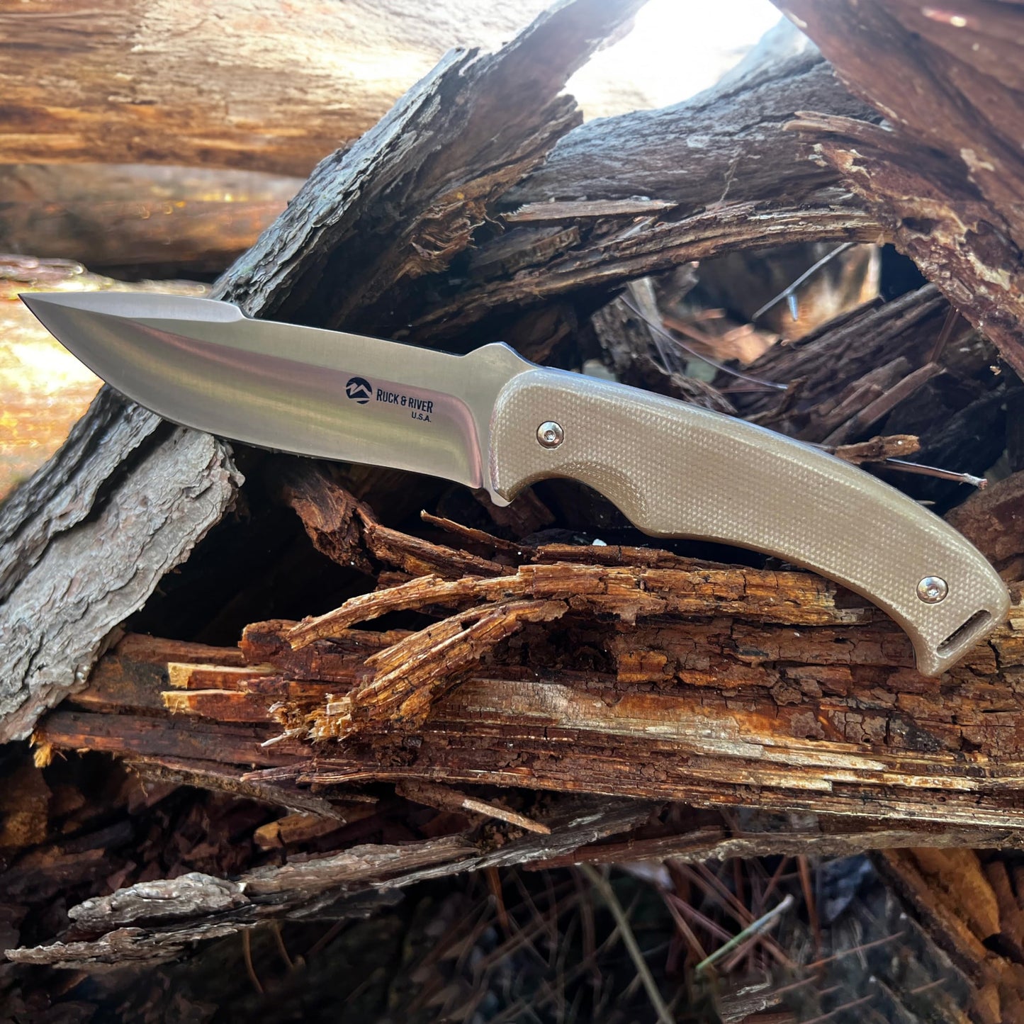 BATTLBOX Ruck & River Ogeechee Full Tang Fixed Blade Survival Knife 5.5in Stainless Steel Blade - Injection Molded Sheath - Coyote Tan Canvas Micarta Scales Handle - Bushcraft Hunting Camping Hiking