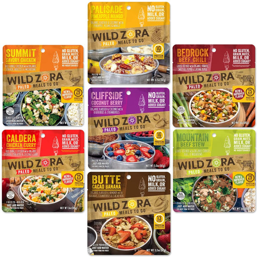 Wild Zora Paleo Freeze Dried Meals for Backpacking & Camping - Healthy Gluten Free & Grain Free Camping Meals/Backpacking Food + No Added Sugar - Great for Travel (AIP 4-pack)