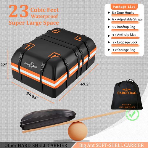 Big Ant Car Rooftop Cargo Carrier Bag 23 Cubic Feet, Roof Bag Waterproof Topper Luggage Carriers for All Vehicle with/without Rack Bar Include Anti-Slip Mat, 8 Door Hooks, 2 Extra Straps, Luggage Lock