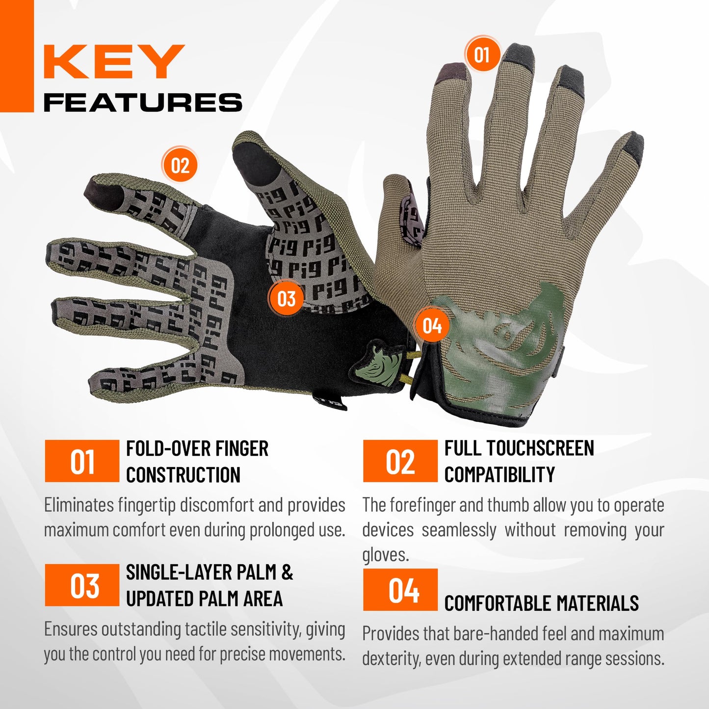 PIG FDT Delta Utility Gloves, Touchscreen Compatible, High Dexterity for Shooting Sports, 1 Pair, Ranger Green, Large
