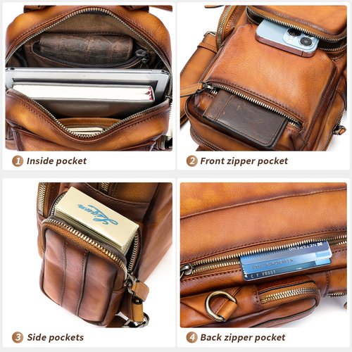 NIUCUNZH Genuine Leather Sling Bag Vintage Handmade Crossbody Bags Shoulder Backpack Hiking Daypack Travel Pack Brown