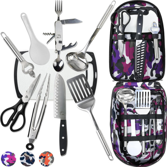 Wellmax 10-Piece Stainless Steel Camping Cooking Set – Compact All-in-One Cookware Kit with Utensils & Travel Bag for Campers, Hikers, Outdoor Adventures, Purple Camo Color
