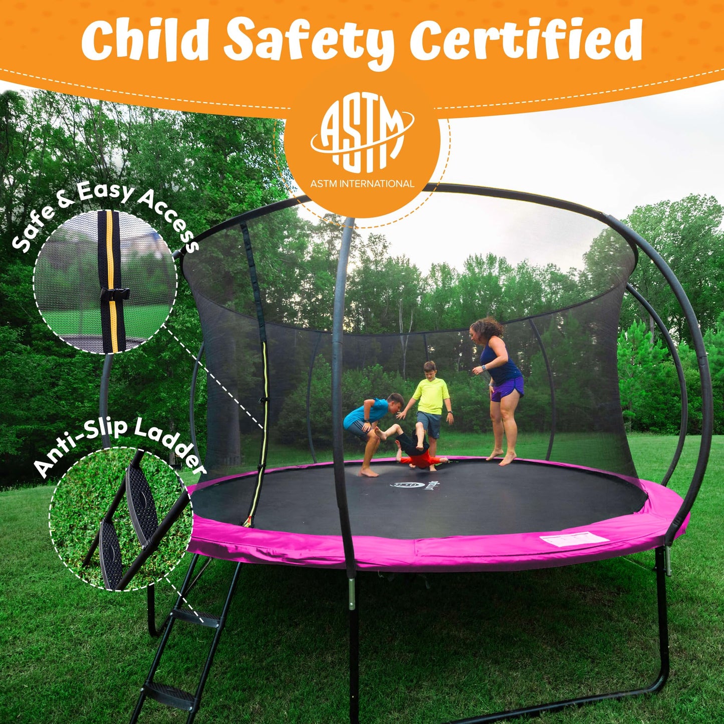 JUMPZYLLA Trampoline Outdoor 8FT 10FT 12FT 14FT 15FT 16FT with Enclosure and Ladder, ASTM Approved Recreational Trampoline for Kids and Adults, Anti-Rust Coated Frame (Pink, 14FT)