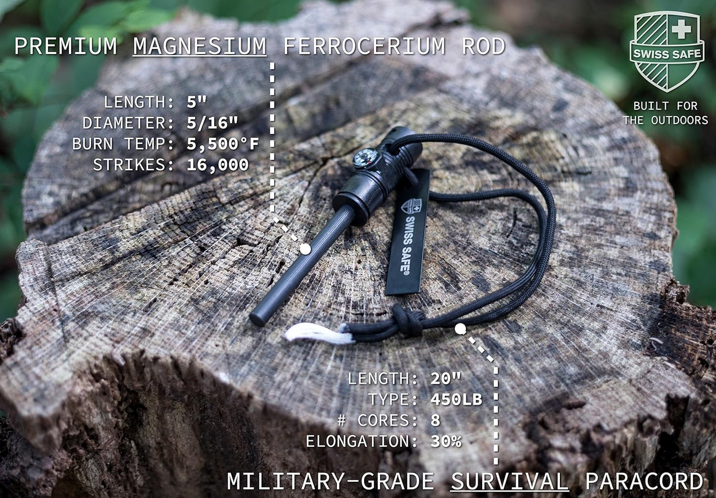 Swiss Safe 5-in-1 Magnesium Ferro Rod Fire Starter Survival Tool - Flint & Steel Striker, Compass, Paracord & Whistle - Emergency Kit for Backpacking, Camping, Hiking - All-Weather